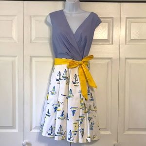 Chetta B Sleeveless Crossover Front V Neck Sailboat Print Dress Women’s Size 10